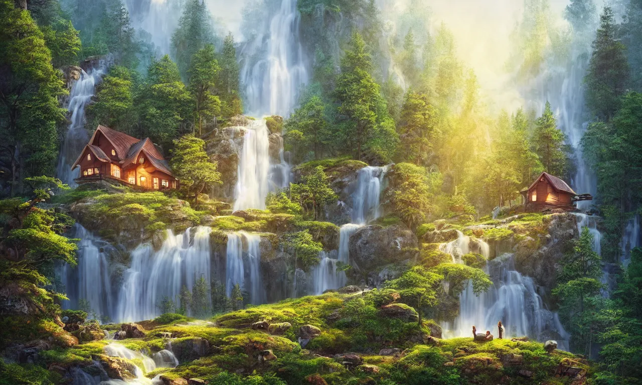 Prompt: scandinavian house in the forest on a hill, pixar, a waterfall flows down from the mountain in the background, vector art, fabulous, global illumination, warm lighting, by jordan grimmer
