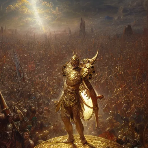 Image similar to artstation concept of a god in armor standing in a crowd gettig cheered, man with arms wide open, bright colorful, gold, hyperdetailed, artstation trending, world renowned artists, worth 1 0 0 0. com, historic artworks society, antique renewel, cgsociety, by greg rutkowski, by gustave dore, deviantart