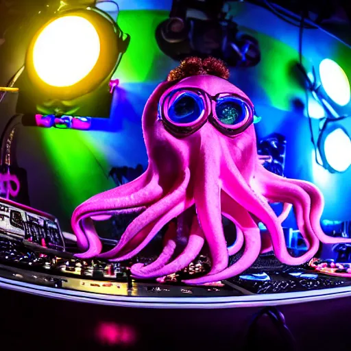 Image similar to award winning photo of an octopus! as a dj with tentacles! simultaneously placed turntables cdjs and knobs of a pioneer dj mixer. sharp, blue and fuschia colorful lighting, in front of a large crowd, studio, medium format, 8 k detail, volumetric lighting, wide angle, at an outdoor psytrance festival main stage at night