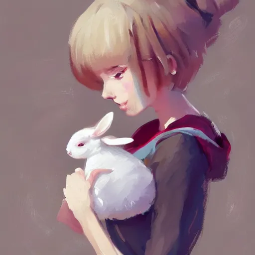 Image similar to portrait of a cute girl holding a white rabbit looking directing at camera, strong brush stroke, very high detailed, symmetrical face, sharp focus, illustration, morandi color scheme, art station, by krenz cushart, h 7 0 4