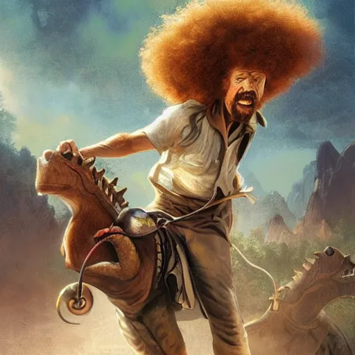 Image similar to bob ross!!! riding!!! a dinosaur!!, giant afro!, model pose, ultra realistic, concept art, intricate details, highly detailed, photorealistic, octane render, 8 k, unreal engine. art by artgerm and greg rutkowski and alphonse mucha