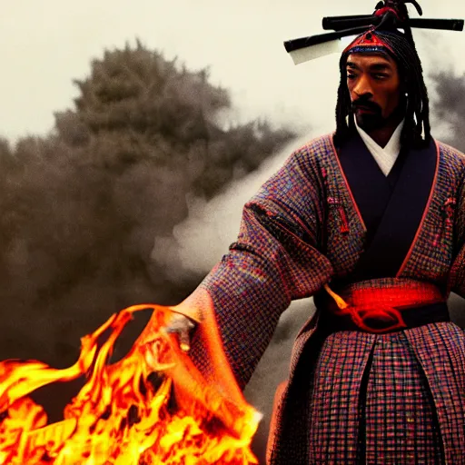 Image similar to cinematic film still of Snoop Dogg starring as a Samurai holding fire, Japanese CGI, VFX, 2022, 40mm lens, shallow depth of field, film photography