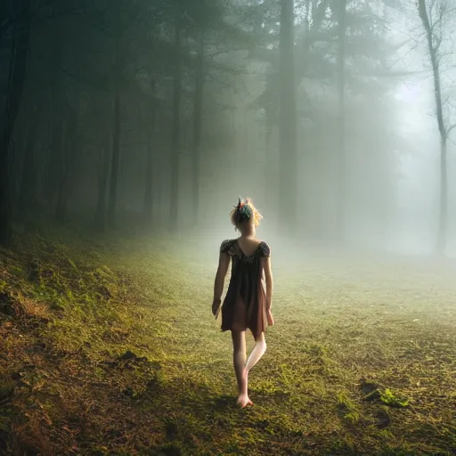 Image similar to full body shot of a young fantastical nymph walking out of a small forest lake, cinematic light, volumetric fog, 24mm,