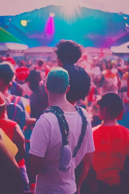 Image similar to agfa vista 4 0 0 photograph of a guy standing in the middle of a carnival, back view, synth vibe, vaporwave colors, lens flare, moody lighting, moody vibe, telephoto, 9 0 s vibe, blurry background, grain, tranquil, calm, faded!,