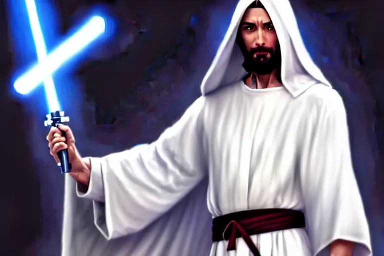 Image similar to jesus christ in a white robe striking sn action pose, jesus has a lightsaber ; art by artgerm ; digital art ; character art ;