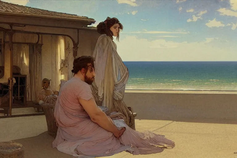 Image similar to a matte painting of a man watching the sunset with his wife in his house by the beach, by greg rutkowski, by alphonse mucha, muted colors