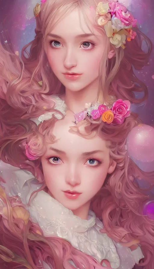 Prompt: portrait of magical lolita girl, dreamy and ethereal, expressive pose, big pink eyes, peaceful expression, , fantasy, intricate, elegant, many rainbow bubbles, rose tones, highly detailed, digital painting, artstation, concept art,cyberpunk dress, smooth, sharp focus, illustration, art by artgerm and greg rutkowskiand alphonse mucha