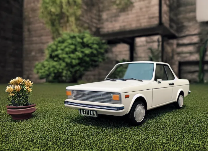 Image similar to a small miniature of a Ford Cortina 1980 on a white table near a book and a vase with a plant, 3d render, octane render, unreal engine 5, path tracing, serene landscape, calm, relaxing, beautiful landscape, highly detailed, high quality, 4k, symmetrical, low contrast