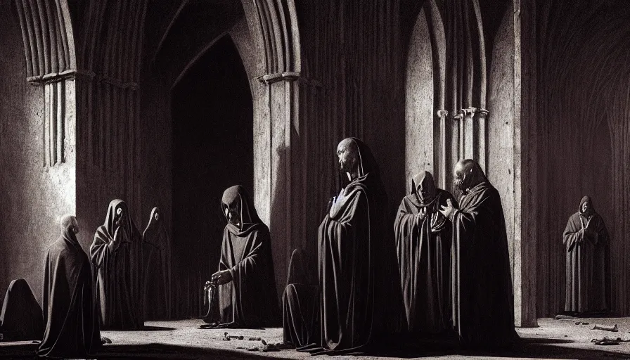 Prompt: a dark priest conducts a ceremony, church, rotting religion, death, fear, horror, ultra realistic, hyperrealism, fine details, detailed and intricate environment, by barlowe, by wayne, by caravaggio, 4 k