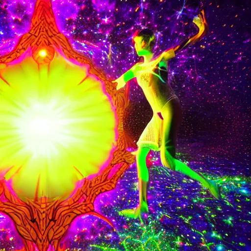 Image similar to full body character + beautiful female neopunk wizard opening a portal to the sidereal multiverse, mandelbrot neuro web, intricate galaxy inlay + ultra high detail, plasma neon internal glow, precise, consciousness projection, astral projection, laser sharp, octane render + unreal render + photo real, 8 k, volumetric lighting high contrast