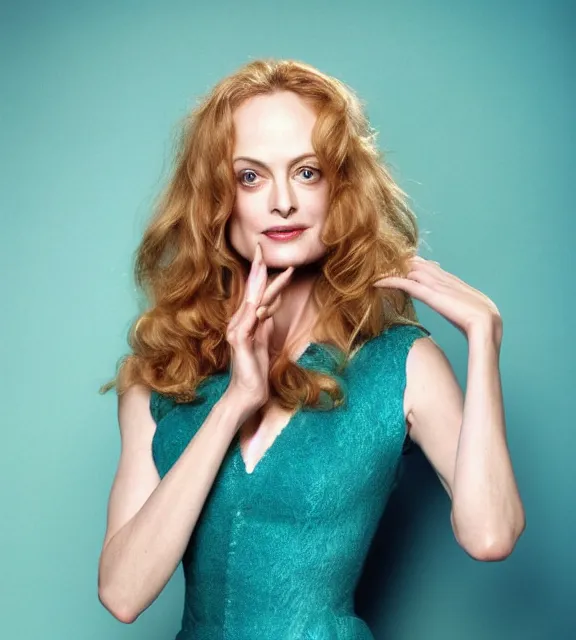 Image similar to beautiful portrait photo of Heather Graham, slight smile, photo by Annie Leibovitz, 85mm, teal studio backdrop, Getty images