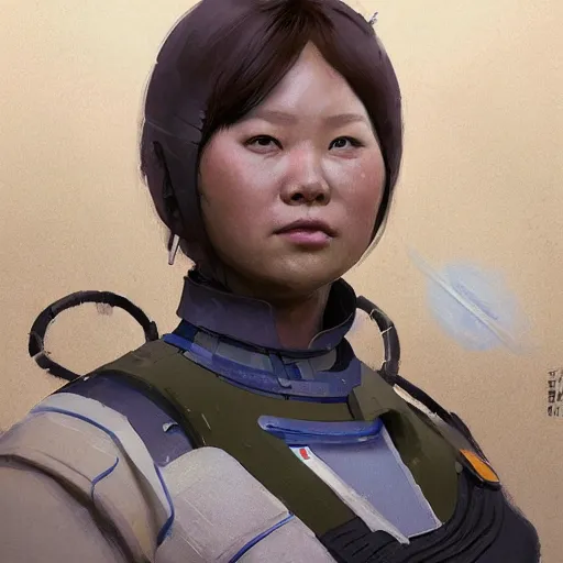 Image similar to a space colonist from china, female, chubby, brilliant and uptight, sci fi character portrait by Greg Rutkowski, Craig Mullins