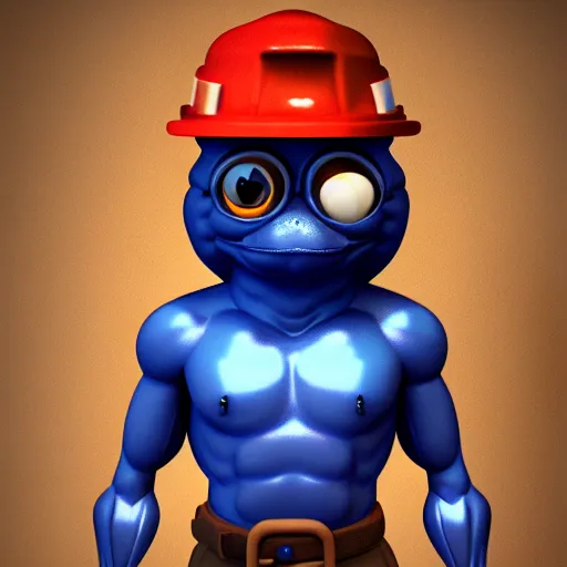 Image similar to pepe the miner with blue crystal, artstation, 3 d render, intricate, muscles