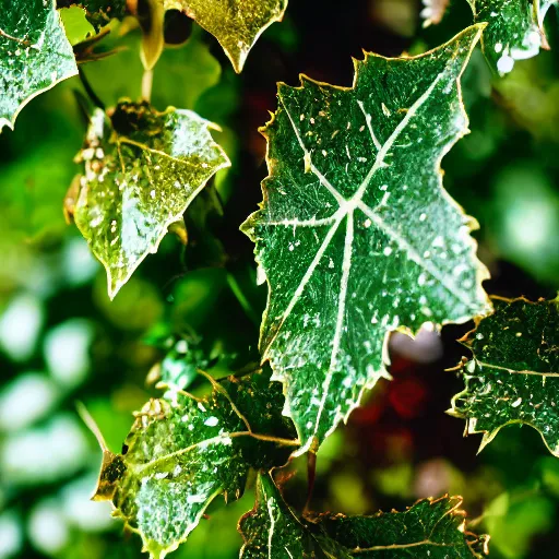 Prompt: macro photo of ivy - covered shining grail with wine
