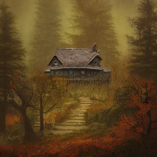 Prompt: shamans house in an autumn forest, green and brown tones, by Aron Wiesenfeld and beksincki, cinematic, detailed illustration, nature, fog, dark colors, suspense, intricate, 8k