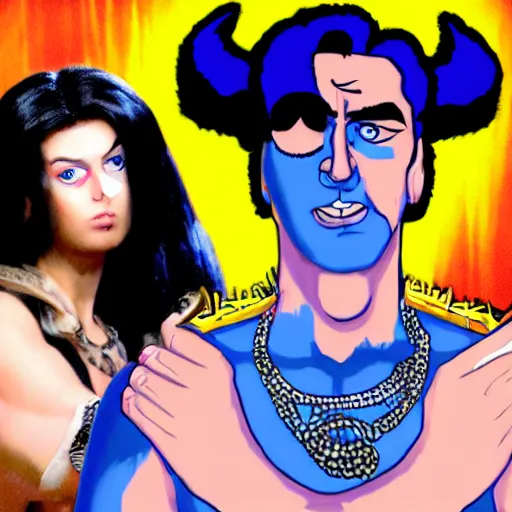 Image similar to buff nic cage playing vriska serket from homestuck, movie still, digital photography, high quality