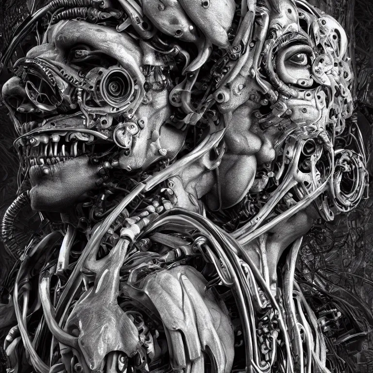 Image similar to surreal biomechanical spinal ribbed tribal exotic organic man face portrait of mechanical cyborg, beautiful detailed intricate insanely detailed BW 3D render digital art, octane render, 8K artistic photography, photorealistic