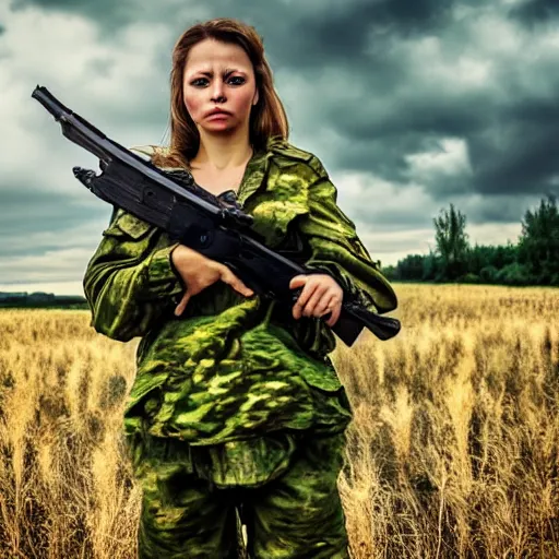 Image similar to ukrainian woman - soldier with kalashnikov gun, beautiful epic photography, high quality, profound gaze, big blown eyes, yellow and blue ribbons, emotionally touching, digital art, dramatic sky, battlefield, fire