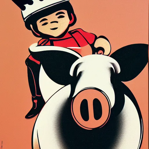 Prompt: retro futuristic boy wearing crown riding on the back of a pig by syd mead, high contrast, sharp, 8k