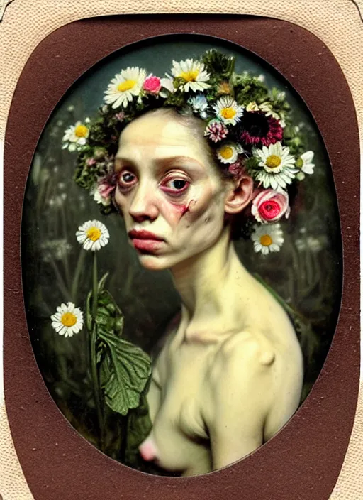 Image similar to beautiful and detailed rotten woman made of plants and many types of stylized flowers like carnation, daisy, chrysanthemum, anemone, roses and tulips, intricate, surreal, vladimir volegov, john constable, guy denning, gustave courbet, caravaggio, romero ressendi, 1 9 1 0 polaroid photo