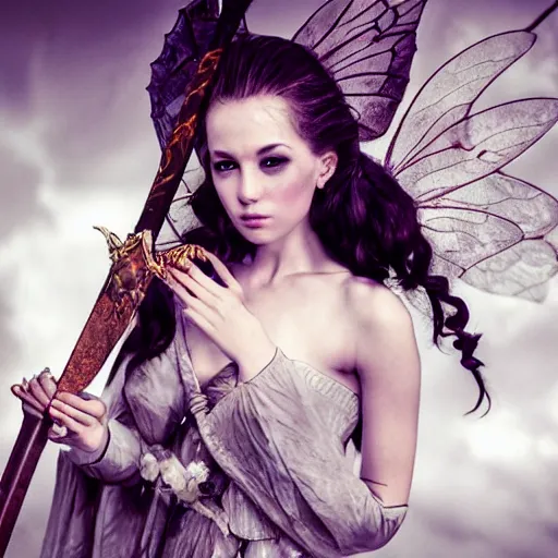 Image similar to magazine photo shoot of a fairy princess holding a sword, art photography, cinematic lighting, epic, fantasy, beautiful, stunning, gorgeous