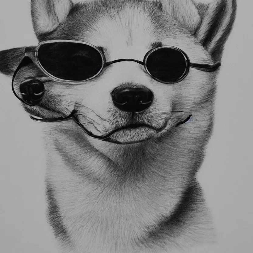 Prompt: a pencil sketch portrait of a shiba inu wearing sunglasses, black and white, white background, fine detail