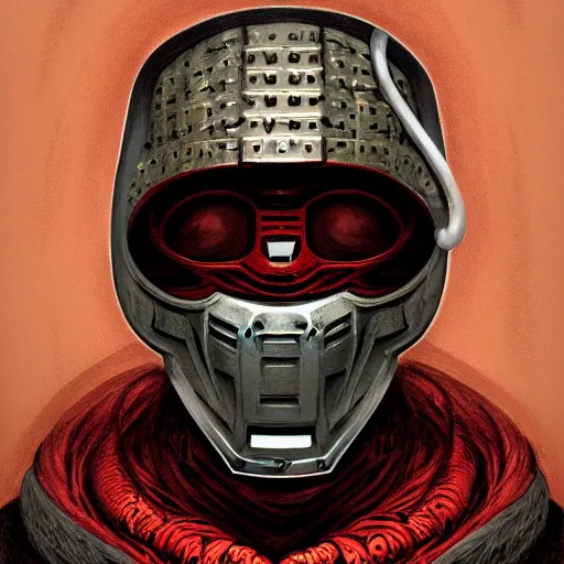 Image similar to portrait of mf doom, dr. doom metal steel mask, dark skin underneath. red t - shirt, beige complex background, intricate, elegant, highly detailed, digital painting, artstation, concept art, smooth, sharp focus, illustration, by anato finnstark, boissb - blanca. j, cindy avelino, clint cearley, anna podedworna