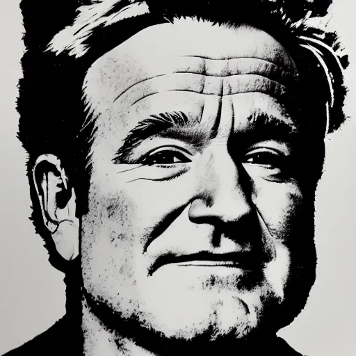 Image similar to silkscreen and lithography to create robin williams in the style of andy warhol