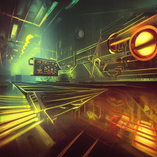 Image similar to cyberpolygon, steampunk realistic oil painting, cinematic light, computers, neon, hexagons geometric