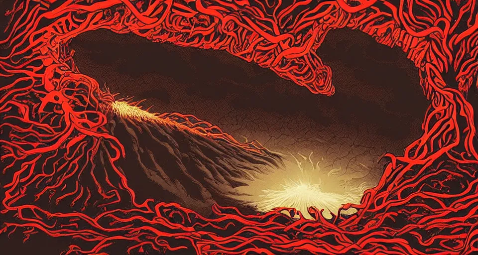 Prompt: a volcano made of ivory vines and crimson rocks enters in eruption, it spits a smoke in the shape of demonic eye, by Dan mumford,