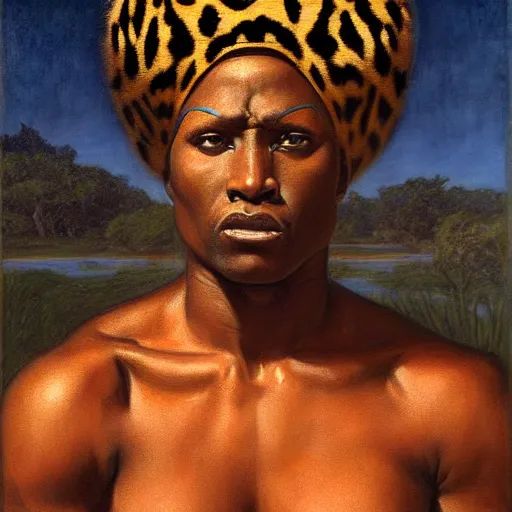 Prompt: portrait oil painting of a fierce muscular african - american warrior half - leopard by john william godward. photorealistic, highly detailed, bright colors, classical lighting. tarot and voodoo symbolism.