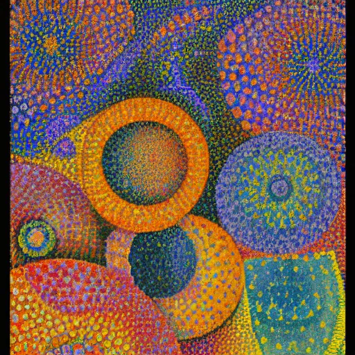 Image similar to a detailled pointillist painting of colorful round patterns, by henri - edmond cross and maximilien luce, textured, relief