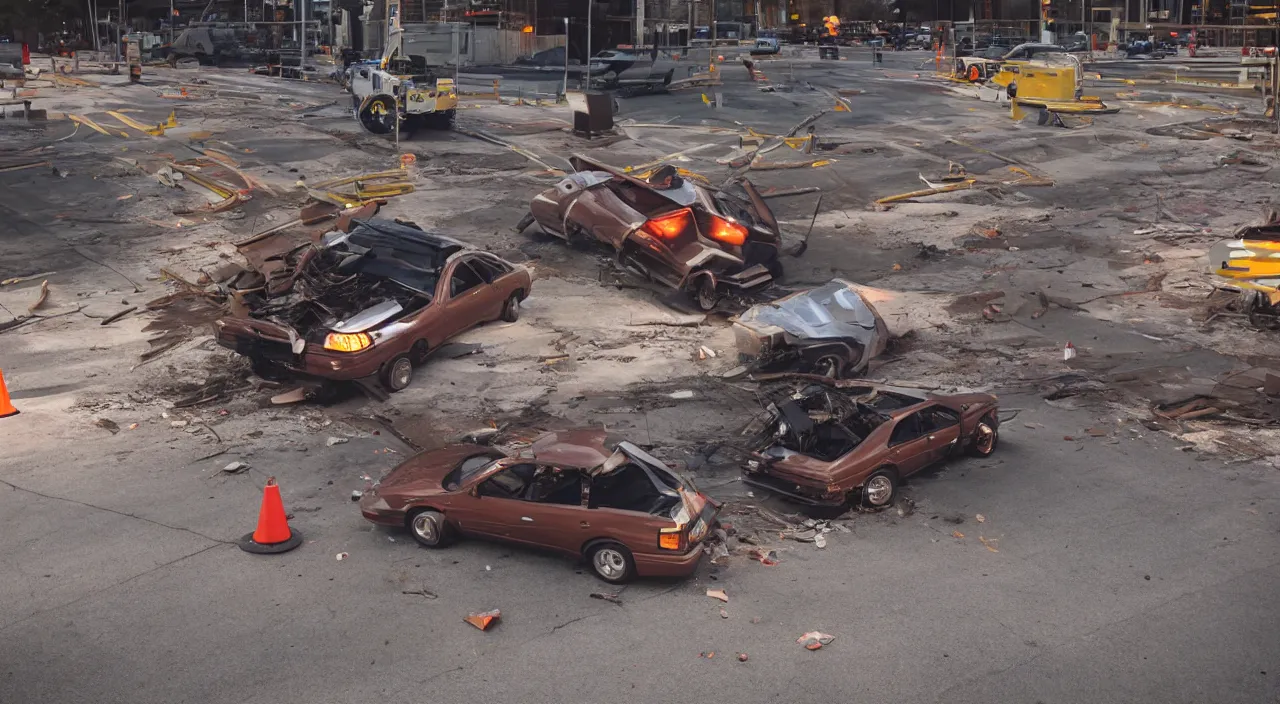 Prompt: Action shot of a single 1993 brown nissan maxima crashing into two construction drums stacked on top of each other, the windshield is being smashed by the top construction drum, photo realistic, night, photo realistic, depth of field, award winning, cinematic, color graded