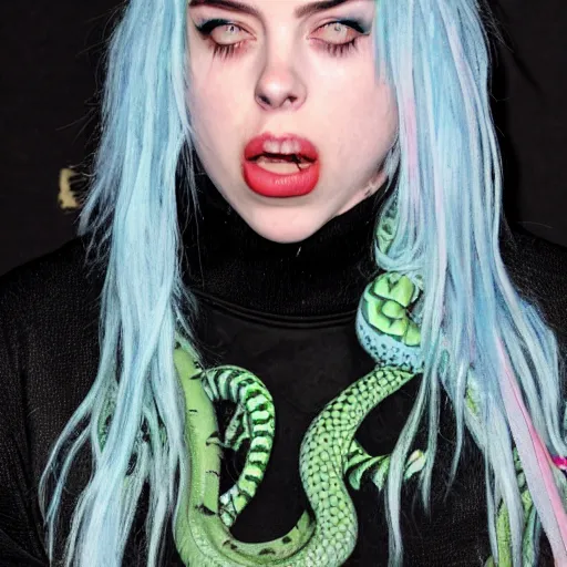 Image similar to billie eilish having mouth full of snakes