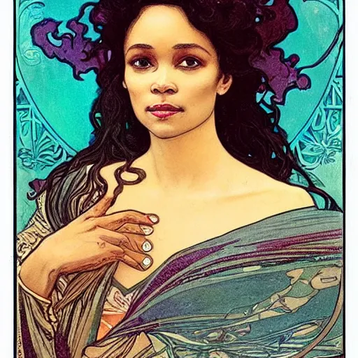 Image similar to thandiwe newton portrait by louis - theophile hingre and alphonse mucha, realistic, sharp focus, zodiac signs, tarot cards, planets, ethereal, art nouveau, magic, moon, sun, crown, dreamy, royal, jewellery