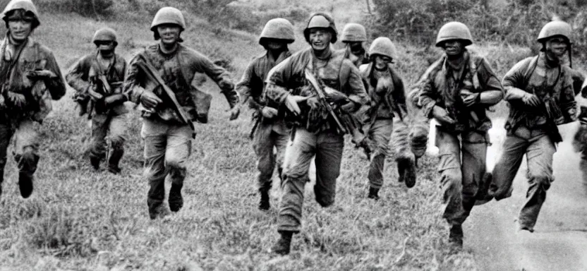 Prompt: american soldiers in vietnam war running in the djungel