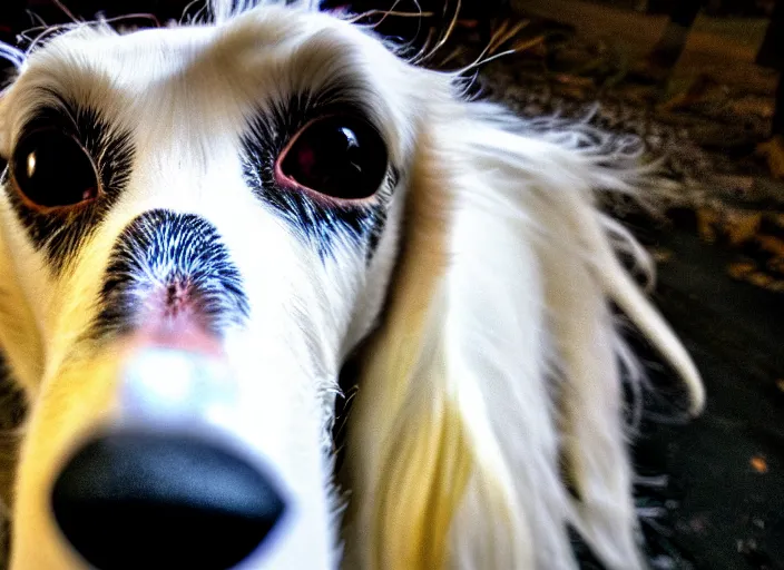 Prompt: a photo of a borzoi dogs face, fisheye lens