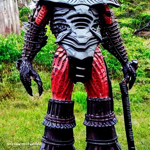 Image similar to predator alien wearing a samurai armor