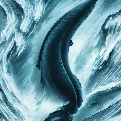 Prompt: top down view of an alien leviathan emerging from a deep ocean during a storm, cinematic lighting, dramatic, masterpiece, trending on artstation