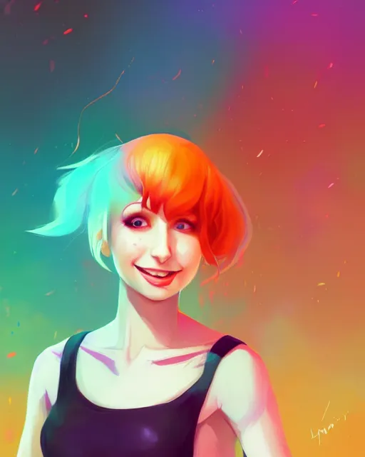 Image similar to a portrait of a beautiful full body Hayley Williams on stage smiling and dancing, art by lois van baarle and loish and ross tran and rossdraws and sam yang and samdoesarts and artgerm, digital art, highly detailed, intricate, sharp focus, Trending on Artstation HQ, deviantart, unreal engine 5, 4K UHD image