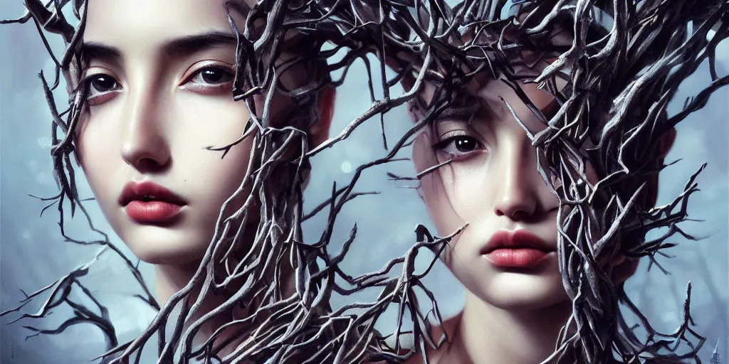 Prompt: breathtaking detailed concept art painting art deco portrait of young ana de armas amalgamation tree branches, by hsiao - ron cheng, bizarre compositions, exquisite detail, extremely moody lighting, 8 k