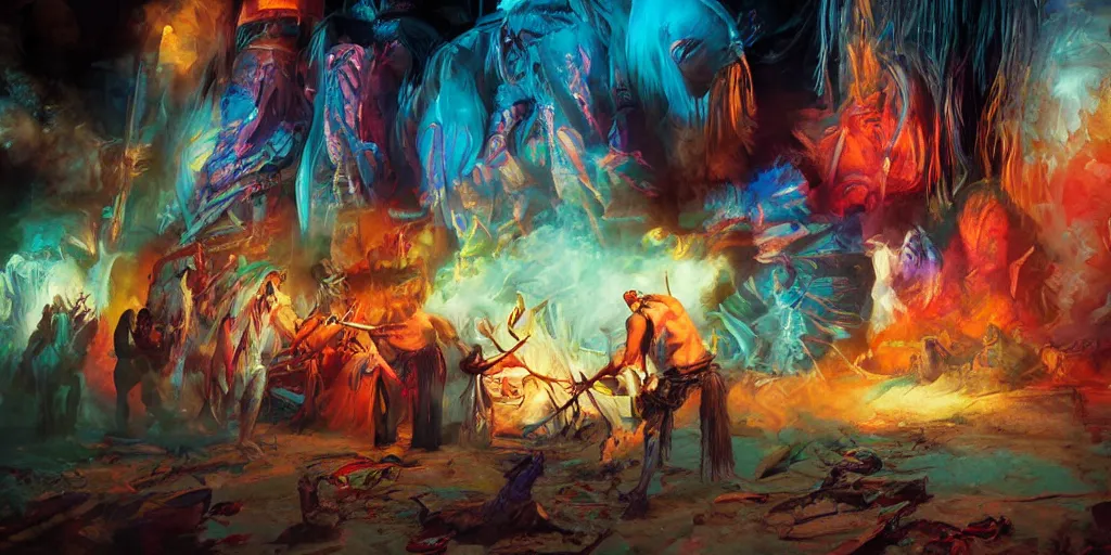 Image similar to of Native American shaman drumming by Liam Wong and Boris Vallejo