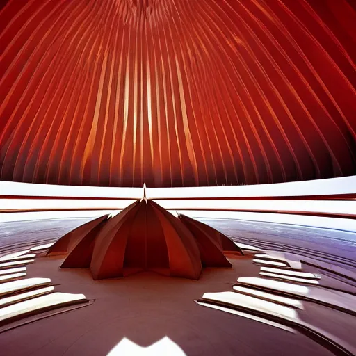 Image similar to interior of a futuristic lotus temple with gold, red and white marble panels, in the desert, by buckminster fuller and syd mead, intricate contemporary architecture, photo journalism, photography, cinematic, national geographic photoshoot