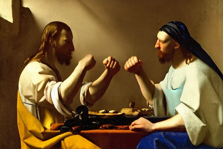 Prompt: an epic oil painting of God arm wrestling against Jesus Christ, painted by Johannes Vermeer