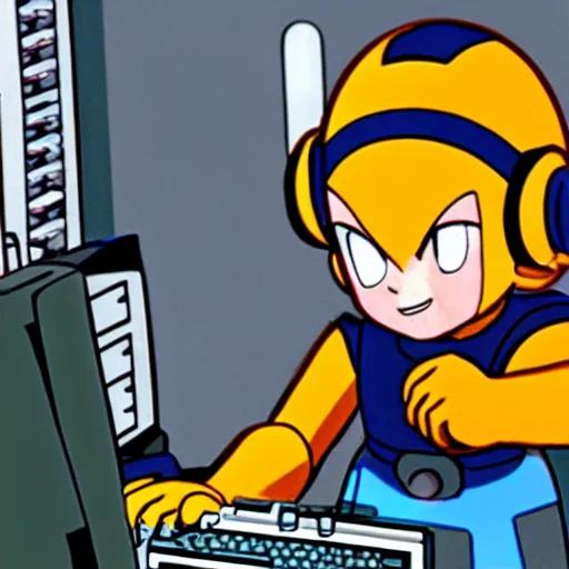 Image similar to roll ( from mega man ) is repairing computers in dr. light's laboratory.