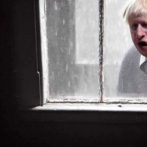 Image similar to photo of the inside of a dark old rainy bedroom window at night with the curtains pulled back, dimly lit creepy | screaming face of boris johnson staring in and pressing his bloody face and hands against the window, horror, scary face, demonic face,