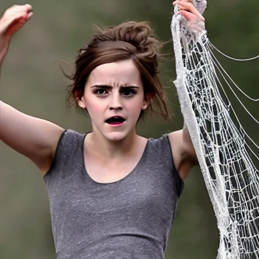 Image similar to upset emma watson hanging from and trapped in a giant spider web