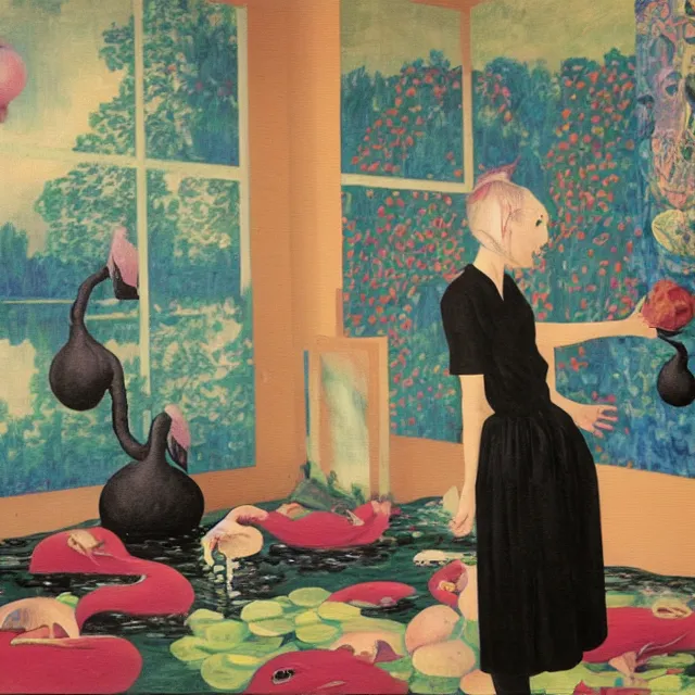 Image similar to female emo art student in her apartment, painting of flood waters inside an artist's feminine bedroom, a river flooding indoors, pomegranates, pigs, ikebana, water, octopus, river, rapids, waterfall, black swans, canoe, berries, acrylic on canvas, surrealist, by magritte and monet