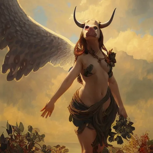 Image similar to a cow with wings, intricate, highly detailed, digital painting, artstation, concept art, smooth, sharp focus, illustration, unreal engine 5, 8 k, art by artgerm and greg rutkowski and alphonse mucha