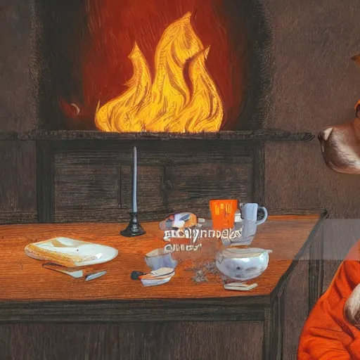 Image similar to an orange humanlike dog in his house, sitting at his table, a coffee on the table, surrounded by flames and fire, smoke above him